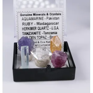 SET OF 5 MINERALS & CRYSTALS IN PERKY BOX | AQUAMARINE RUBY HERKIMER QUARTZ TANZANITE TOPAZ | RANDOM PICK (© ROCKSHOP.CZ) | Buy at $45