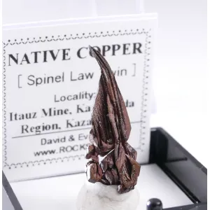RARE NATIVE COPPER SPINEL LAW TWIN - ITAUZ MINE, KAZAKHSTAN | 24 X 8 X 5 MM  | PERKY BOX & LABEL (© ROCKSHOP.CZ) | Buy at $49