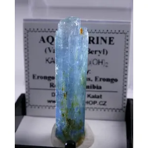 AQUAMARINE 3.15 GRAM GEM BLUE CRYSTAL  - ERONGO,NAMIBIA | 32 X 8 X 6 MM | PERKY BOX & LABEL (© ROCKSHOP.CZ) | Buy at $165
