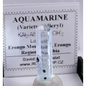 AQUAMARINE 1.10 GRAM BLUE GEM CRYSTAL - ERONGO,NAMIBIA | 21 X 5 X 5 MM | PERKY BOX & LABEL (© ROCKSHOP.CZ) | Buy at $65