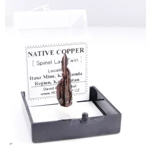 NATIVE COPPER SPINEL LAW TWIN -  ITAUZ MINE, KAZAKHSTAN | 24 X 5 X 4 MM | PERKY BOX & LABEL (© ROCKSHOP.CZ) | Buy at $26