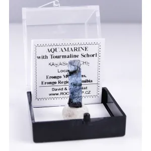 AQUAMARINE WITH SCHORL THUMBNAIL - ERONGO,NAMIBIA | 19 X 6 X 5 MM | PERKY BOX & LABEL (© ROCKSHOP.CZ) | Buy at $17.95