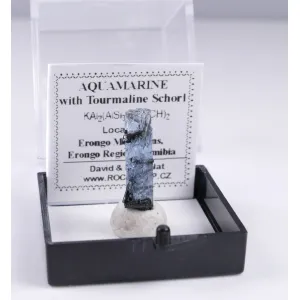 AQUAMARINE WITH SCHORL THUMBNAIL - ERONGO,NAMIBIA | 19 X 6 X 5 MM | PERKY BOX & LABEL (© ROCKSHOP.CZ) | Buy at $17.95