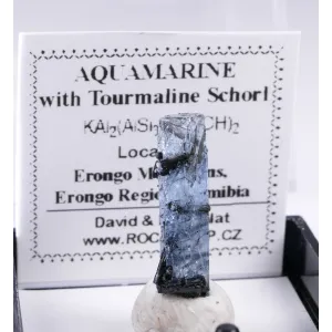 AQUAMARINE WITH SCHORL THUMBNAIL - ERONGO,NAMIBIA | 19 X 8 X 6 MM  | PERKY BOX & LABEL (© ROCKSHOP.CZ) | Buy at $20